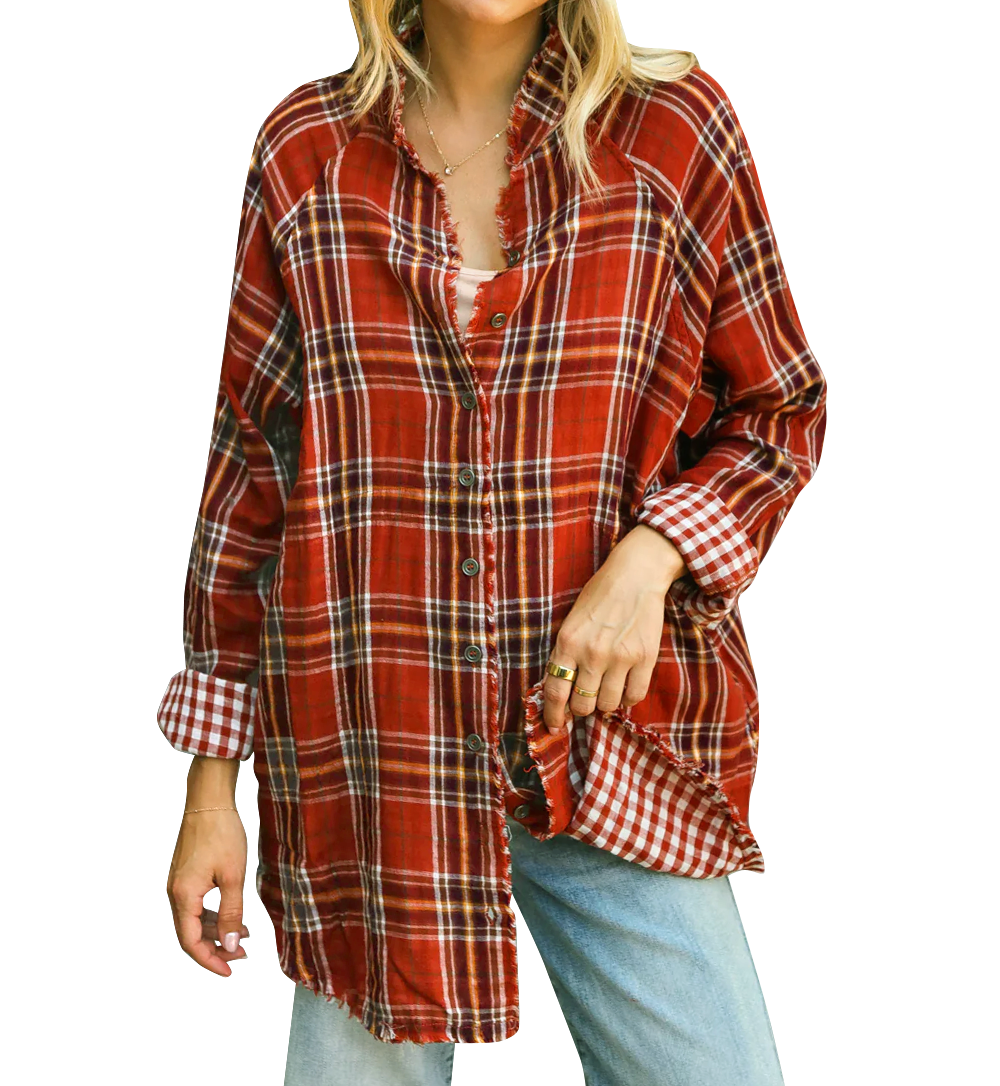 Women's Double Plaid Rust Button Up Top